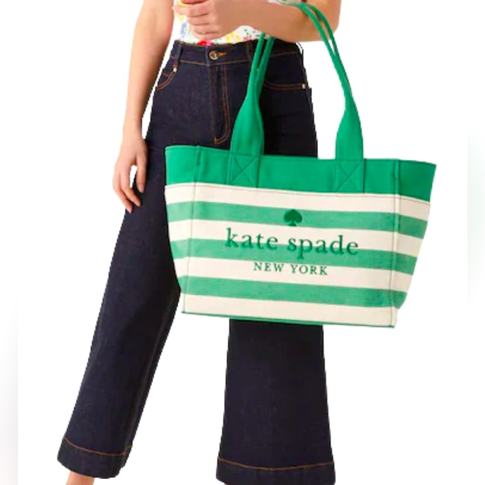 Kate Spade Jett Large Tote | Green Beach Time Stripe | Embroidered Logo | NWT - Picture 2 of 16